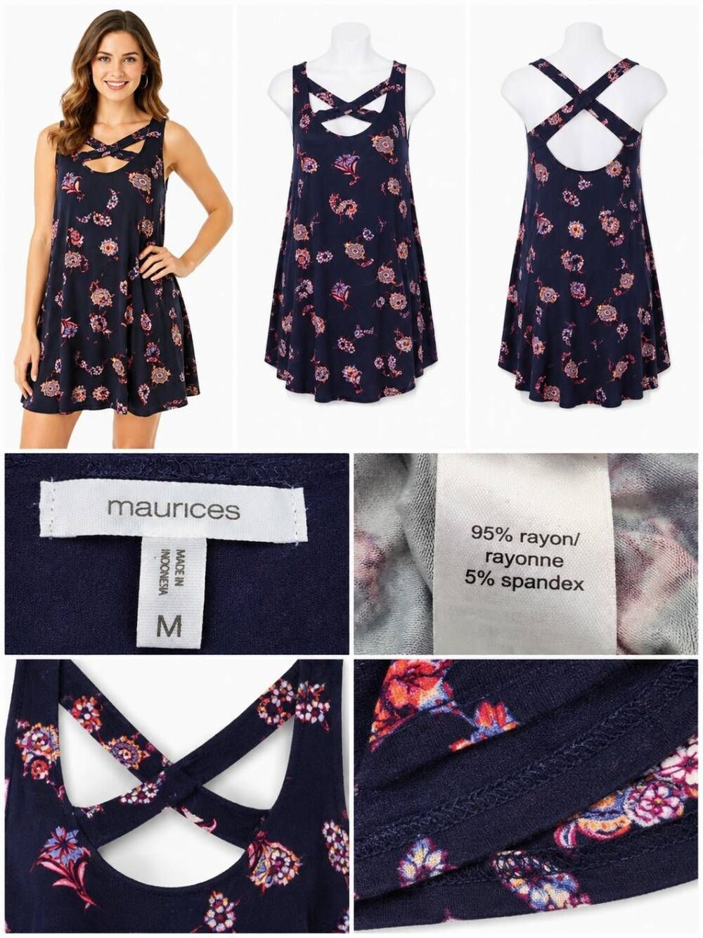 Maurices M Navy Floral Strappy Back Swing Dress Boho